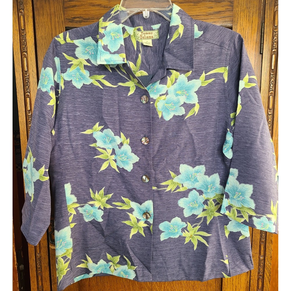 Tommy Bahama Womens Small 100% Silk Floral Button Up Shirt Purple Turquoise